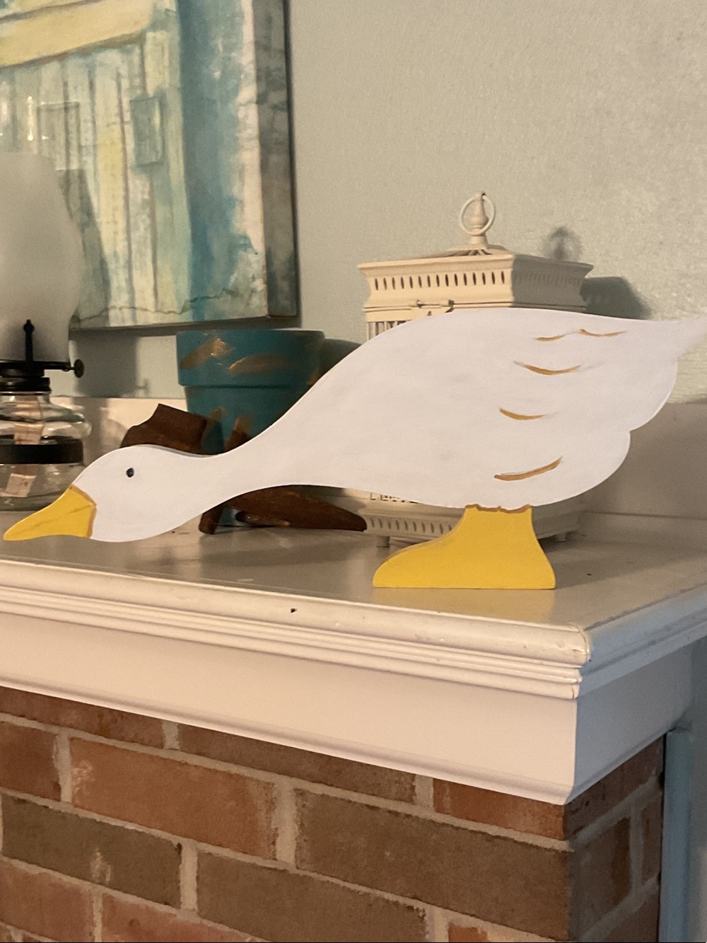 Porch Goose Handpainted Wooden Goose Decor in White and Yellow
